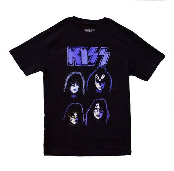 Kiss - Four Faces Blue Logo T-Shirt