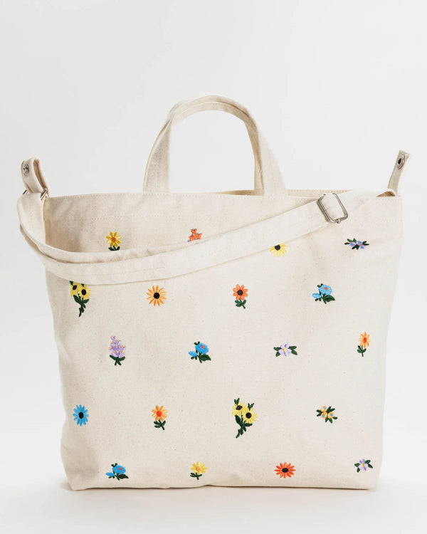 Horizonal Zip - Embroidered Floral  - Baggu Duck Tote (Canvas)